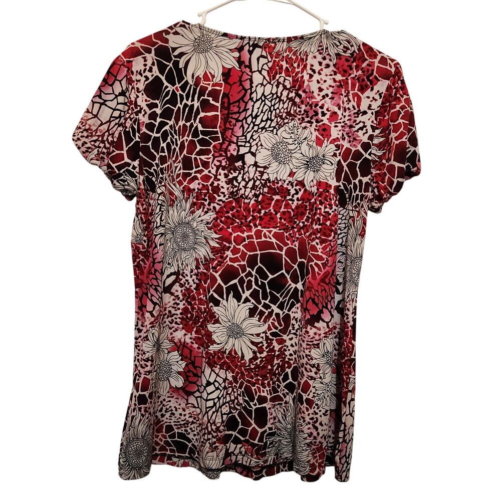 New Directions Red Floral Puff Sleeve Button Front Peasant Blouse Casual Top XL - Picture 2 of 9